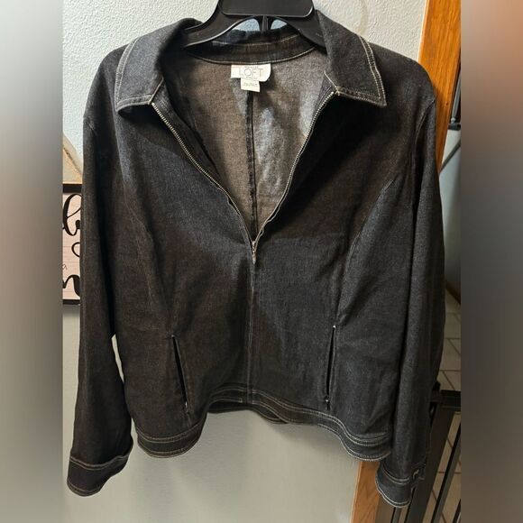 Ann Taylor Loft Zip Up Triangle Collar Jean Jacket Women's Size 14 - Picture 1 of 8